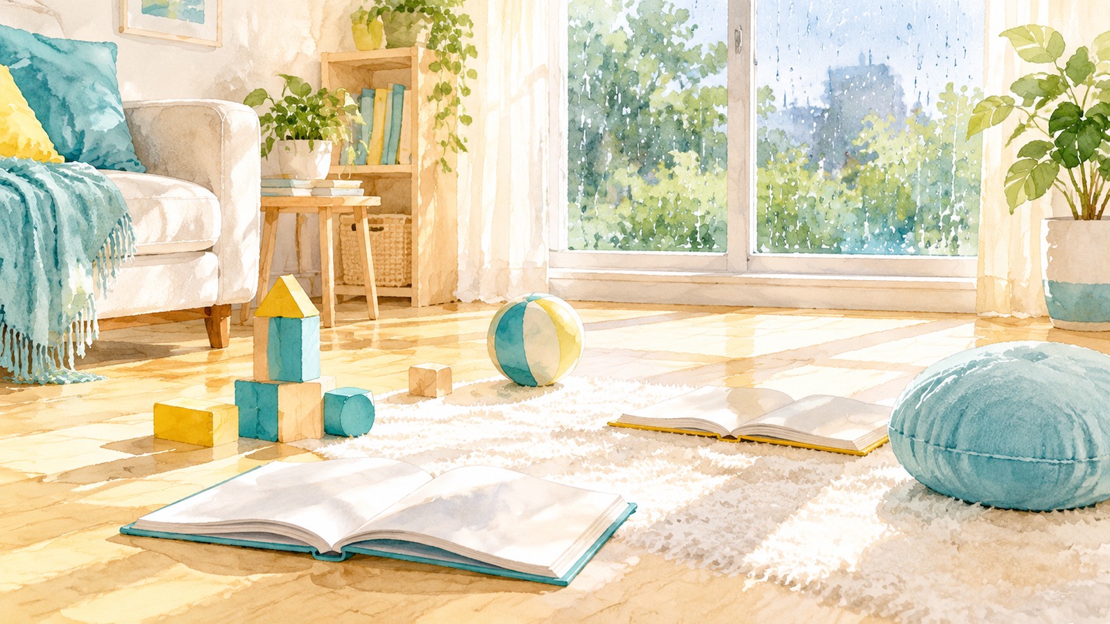 雨の日の明るいリビングの床に積み木とボールと絵本と布のクッションが散らばっている水彩の絵