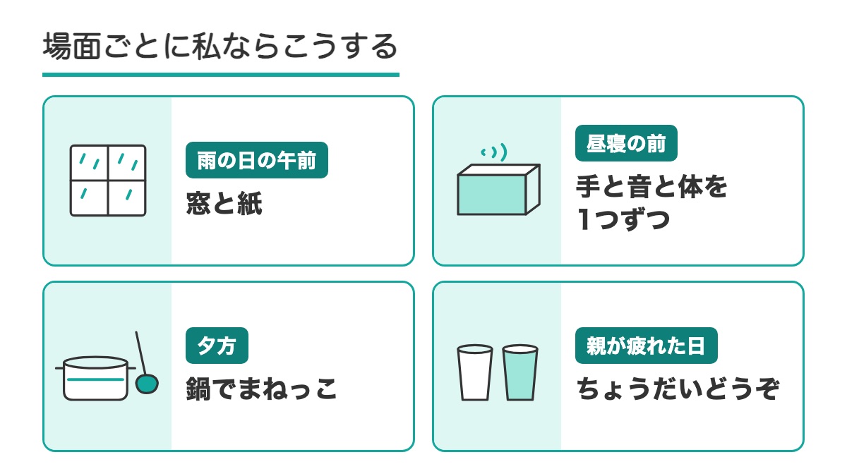 雨の日の午前は窓と紙 昼寝の前は手と音と体を1つずつ 夕方は鍋でまねっこ 親が疲れた日はちょうだいどうぞと場面ごとに渡す物と遊びを並べた図