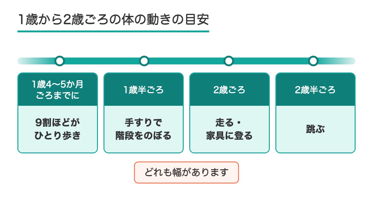 1歳4〜5か月ごろまでのひとり歩きから2歳半ごろの跳ぶまでの体の動きの目安を並べた帯