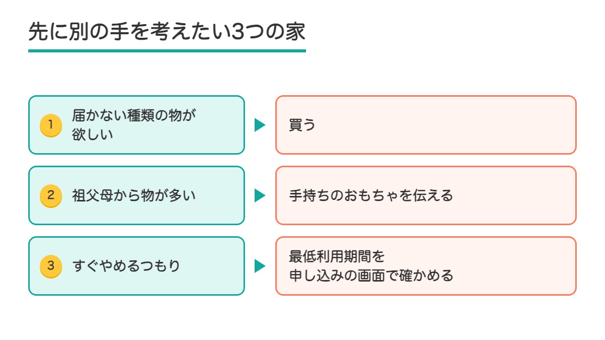 届かない種類の物が欲しい家と祖父母から物が多い家とすぐやめるつもりの家のそれぞれの先の手